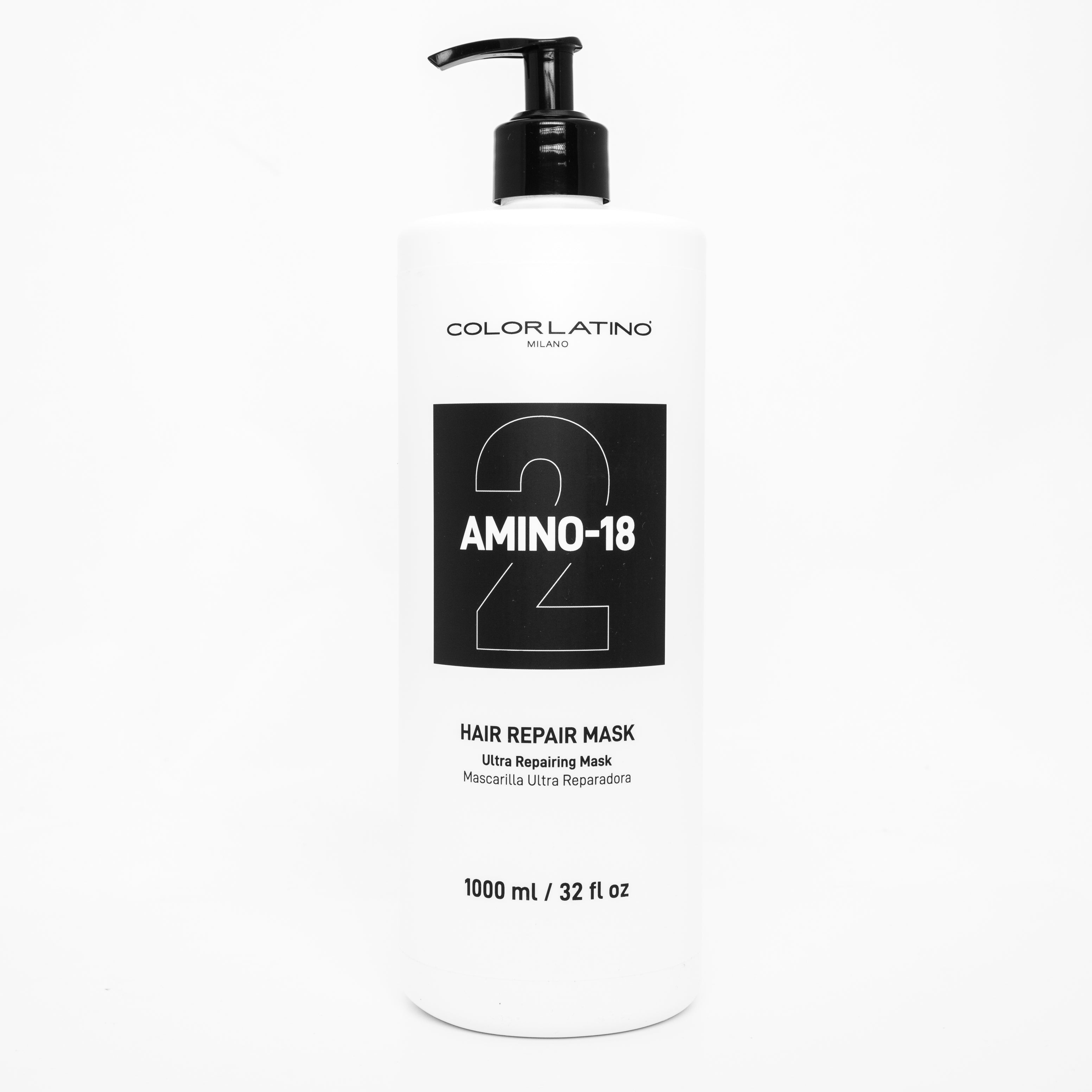 Hair repair mask bottle with pump labeled 'Amino-18' on a white background
