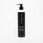 Black bottle of oliplus mineral mask with pump on a white background